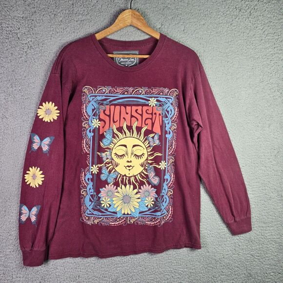 Obsessive Love Boho Graphic T-Shirt Maroon Sunset Moonlight Butterflies Festival - Picture 4 of 8